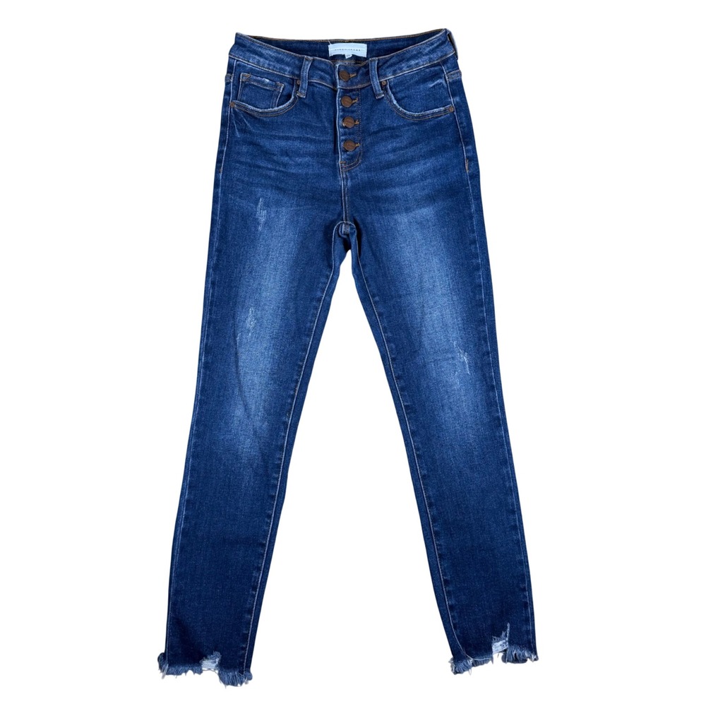 Risen Jeans Women 5/27 Dark Wash High Rise Button Fly Skinny Frayed Hem RDP1278